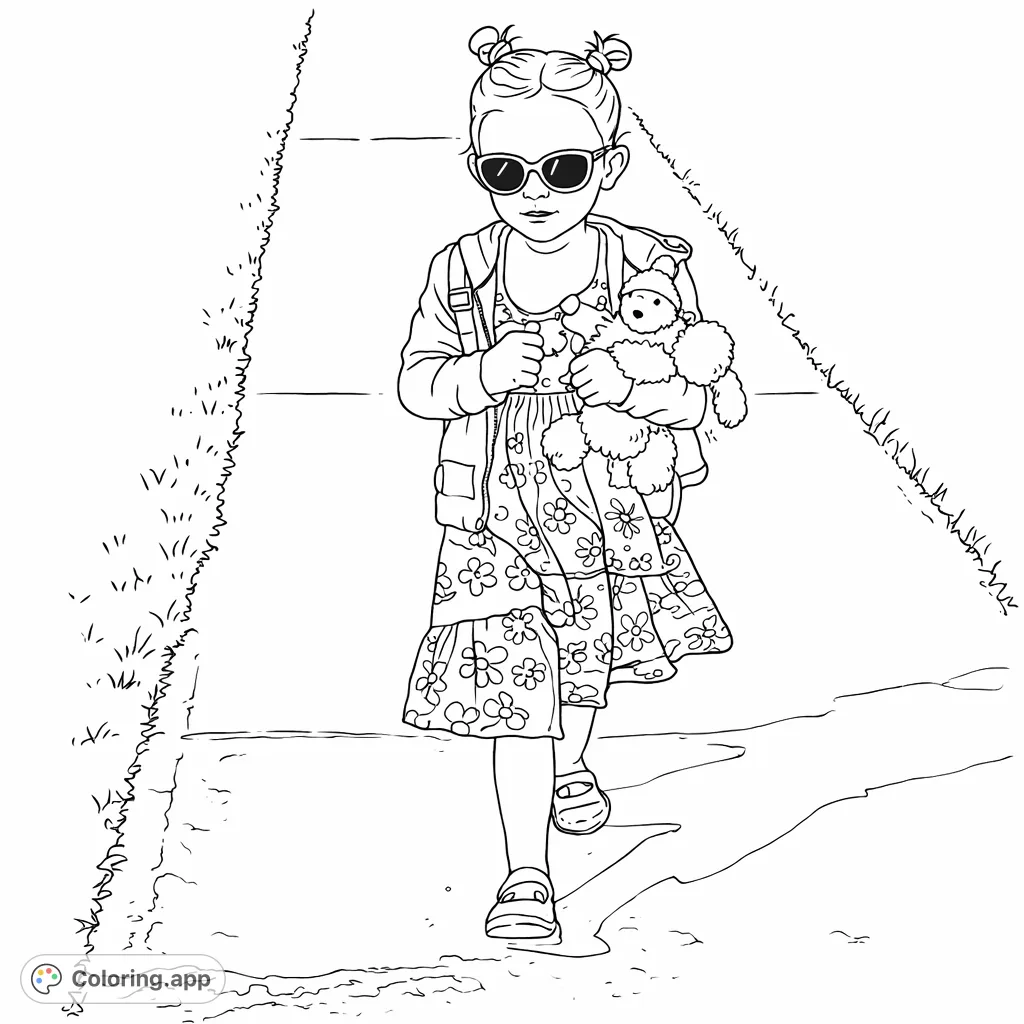 Capture the fun of a child's walk with their favorite plush companions, featuring stylish sunglasses, charming hair buns, and a patterned dress.