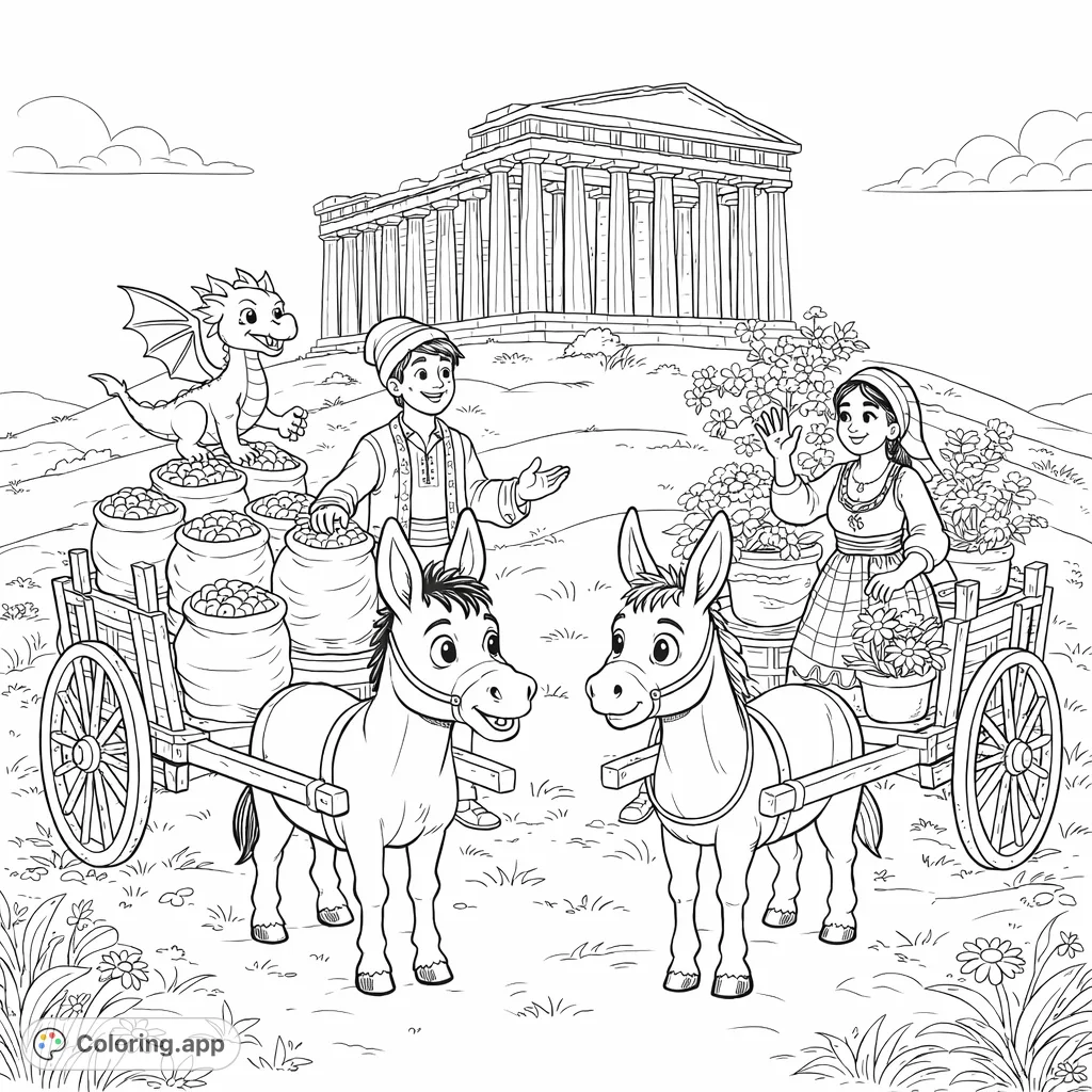 Color an enchanting scene: two merchants with donkeys and carts, a friendly dragon, and an ancient temple backdrop. Perfect for all ages!