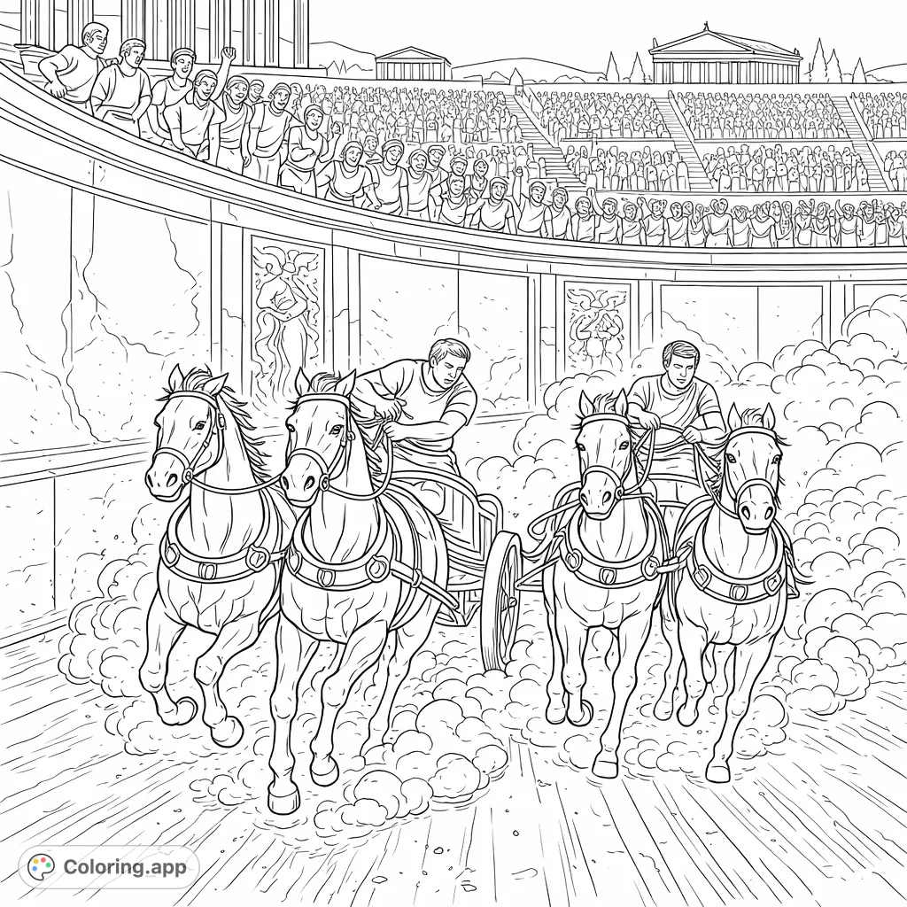 Experience the thrill of an ancient Roman chariot race! Drivers and horses thunder through the arena, kicking up dust as cheering spectators watch the intense competition.