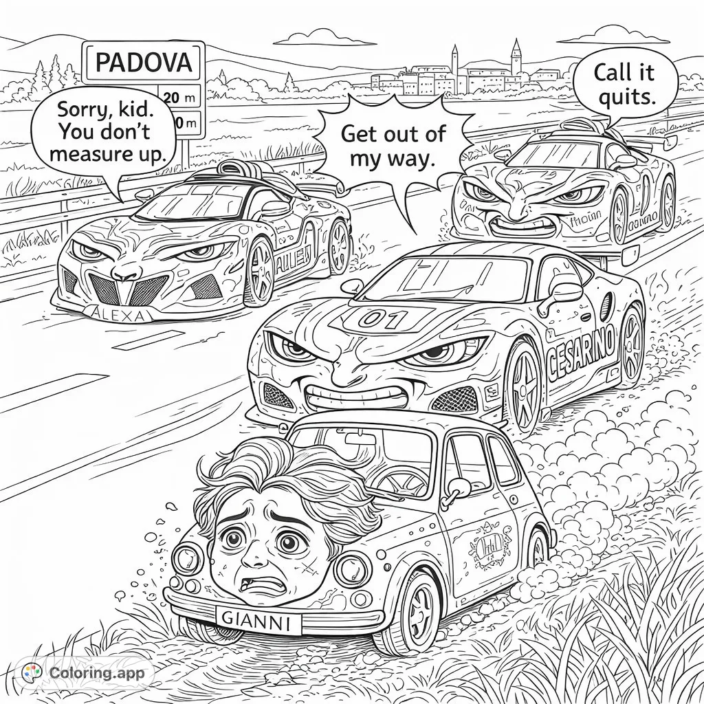 Experience a dramatic car race featuring anthropomorphic vehicles! A small car struggles against powerful competitors on a winding road with a distant town backdrop.