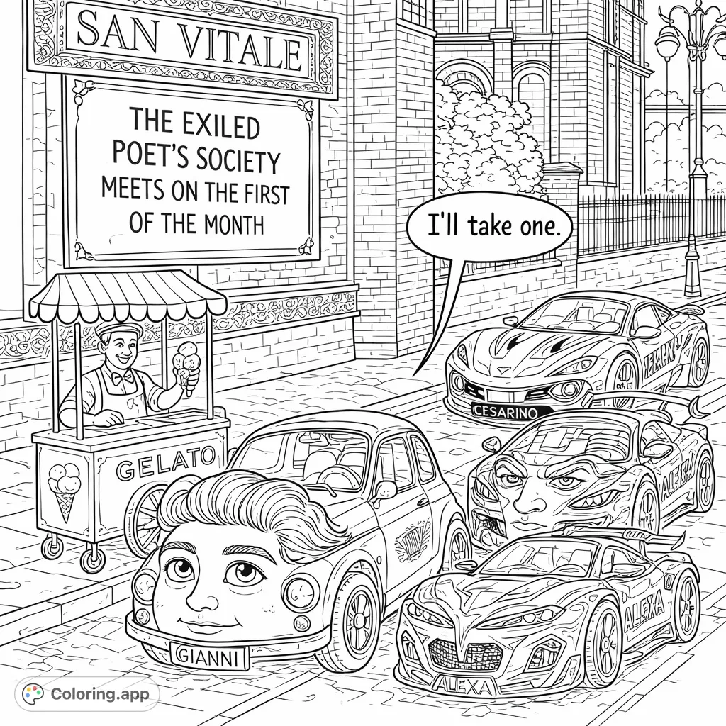 A quirky street scene with anthropomorphic cars, a cheerful gelato vendor, and architectural details, perfect for a detailed and engaging coloring experience.