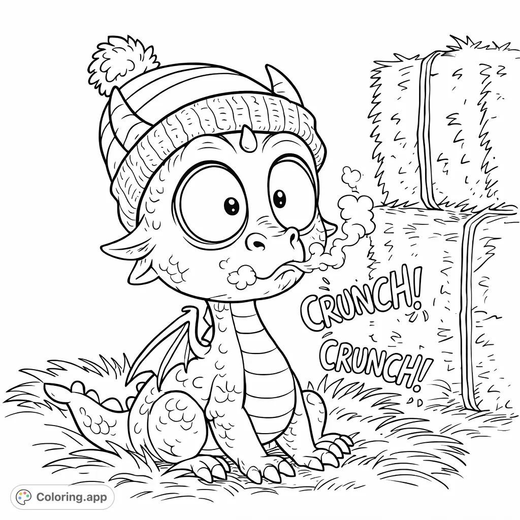 A charming baby dragon wearing a striped hat sits in a hay pile, exhaling smoke puffs. Perfect for fantasy and animal lovers!