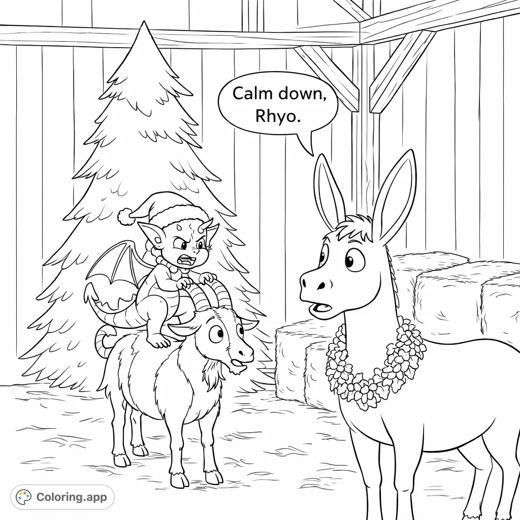 A playful barnyard scene featuring a small dragon in a festive cap riding a goat, observed by a donkey wearing a holiday wreath, all amidst a Christmas tree and hay.