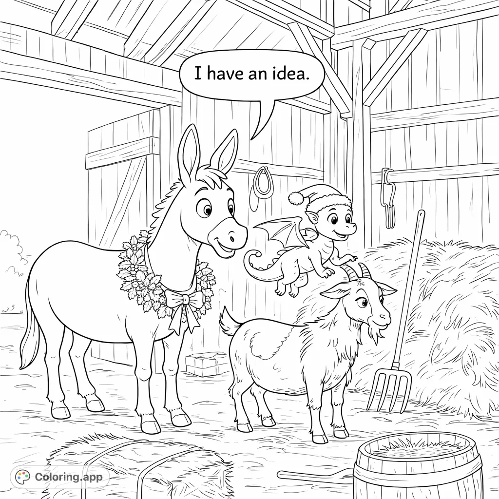 Meet festive barnyard animals and a playful dragon in a charming scene, ready for your creative touch. Perfect for holiday fun!