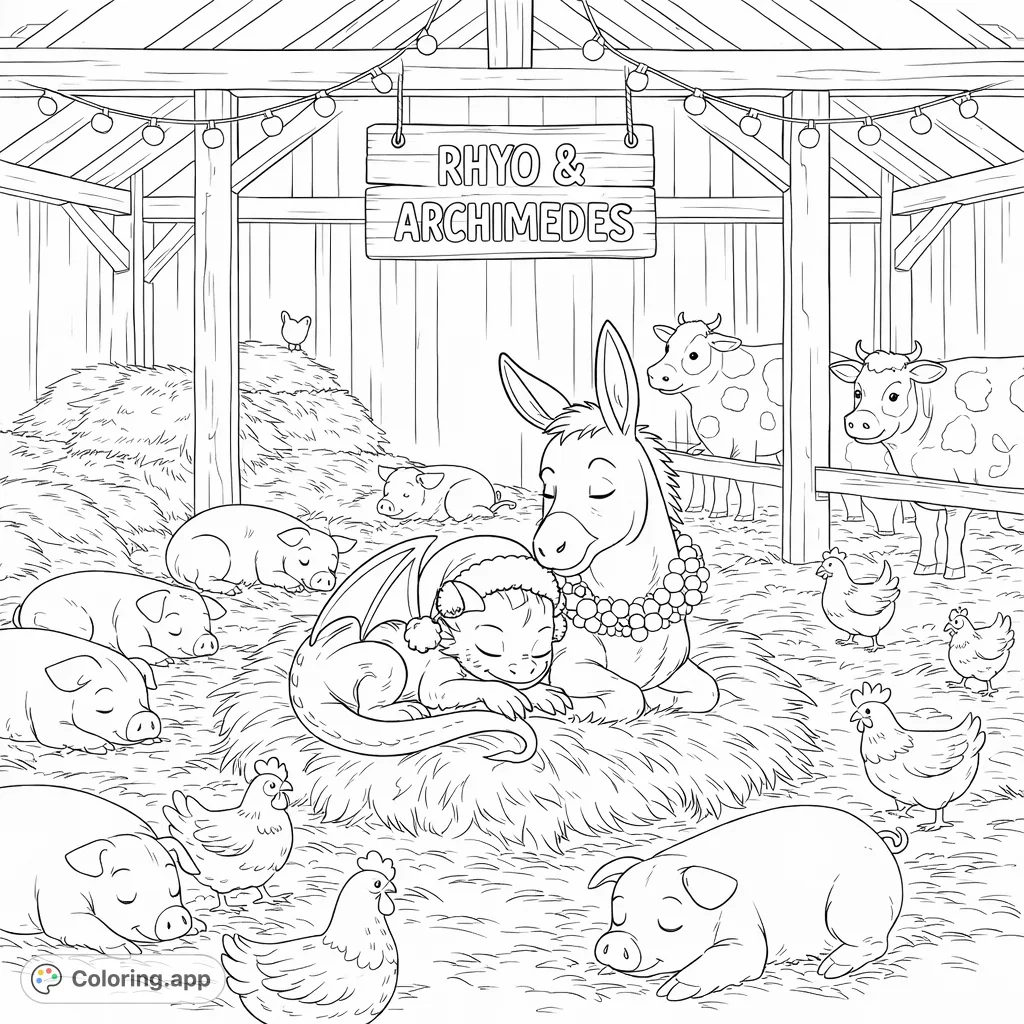 A heartwarming barnyard scene where a donkey, a small dragon, and farm animals peacefully rest amidst hay, adorned with festive lights and a decorative wreath.