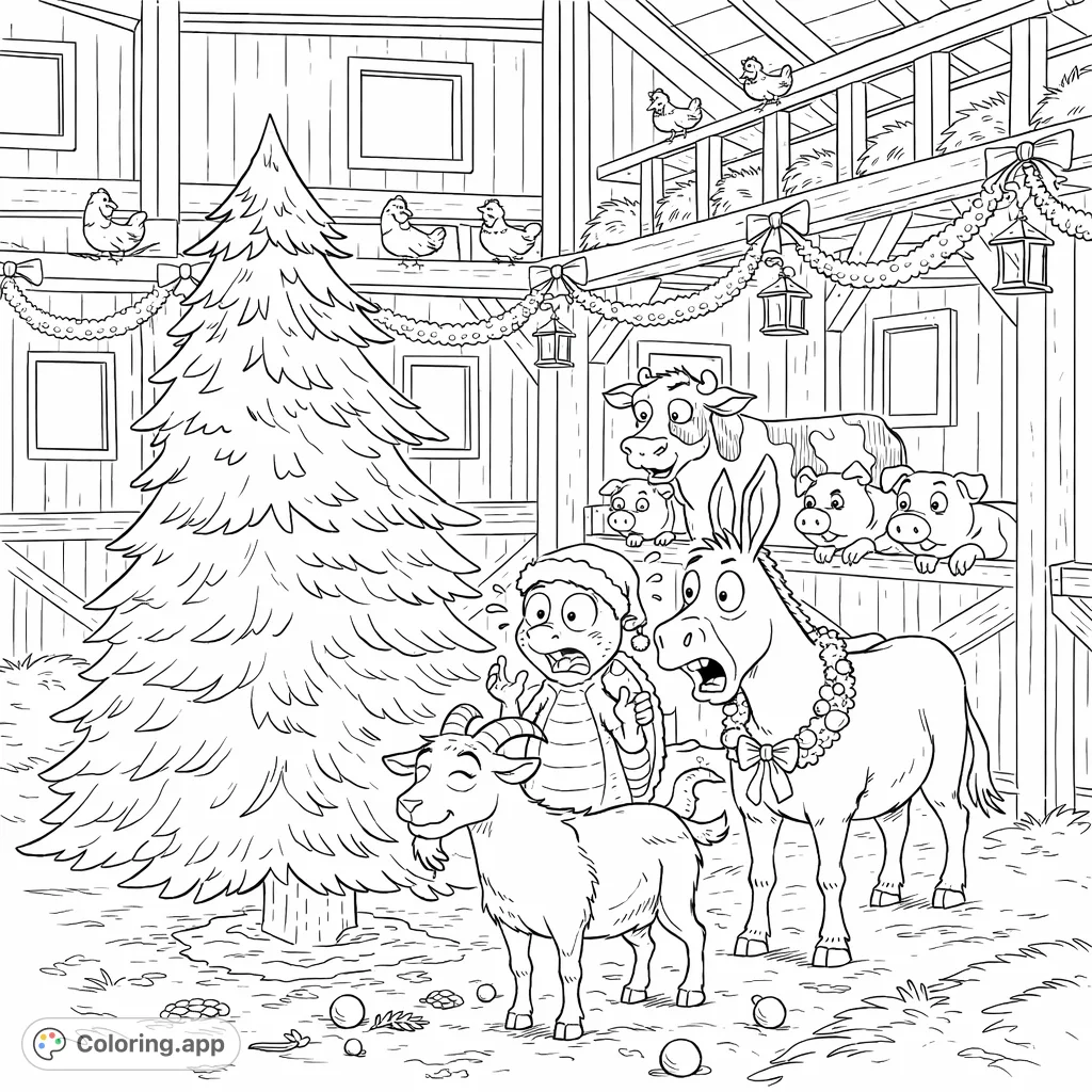 Discover a charming barnyard scene where animals react to a goat nibbling the festive fir tree, complete with garlands and twinkling lanterns.