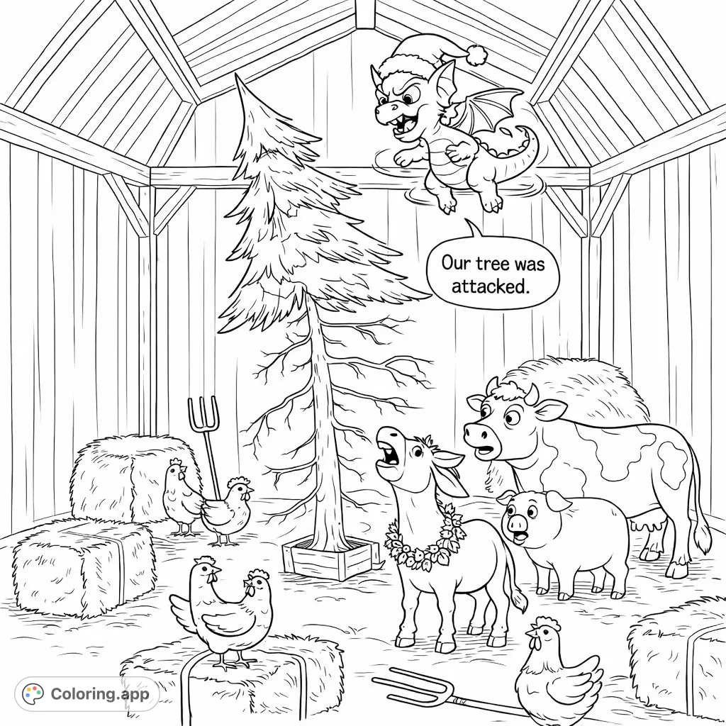 A playful barn scene featuring farm animals and a little dragon with a festive hat, gathered around a peculiar, partially stripped tree. Perfect for holiday fun!
