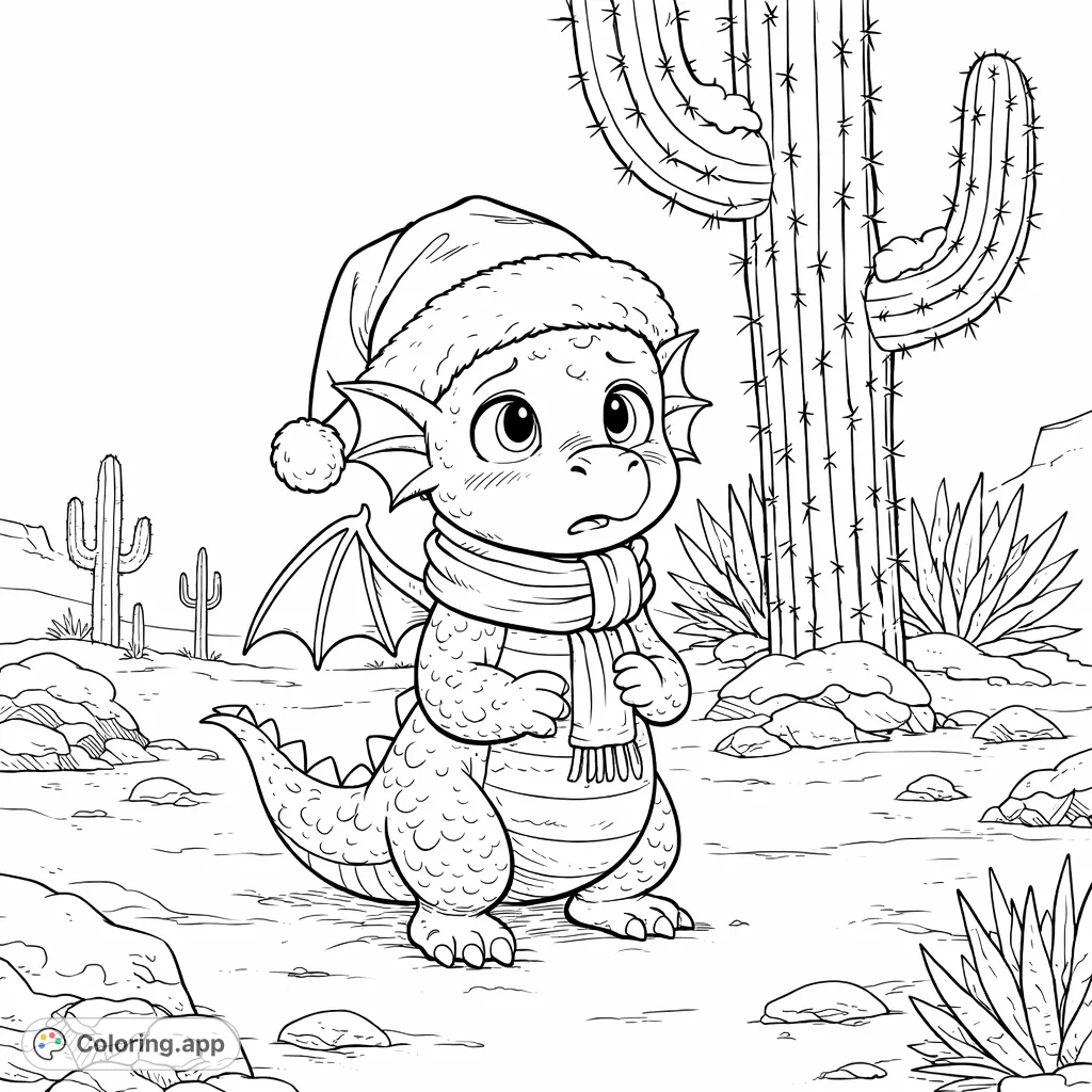 Color this adorable dragon bundled in winter attire amidst a snow-dusted desert. A charming scene with cacti and rocks, perfect for festive coloring fun!