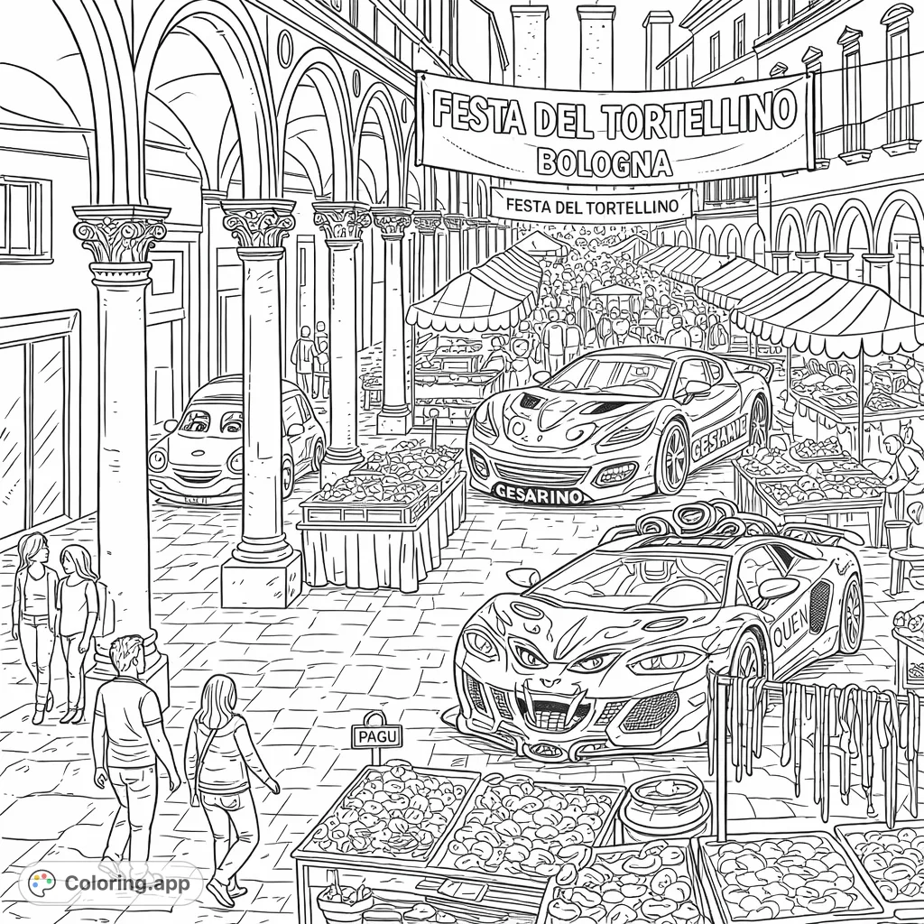 Immerse yourself in a lively street festival featuring unique anthropomorphic cars, market stalls with intricate dishes, and grand architecture. A detailed scene for creative expression.