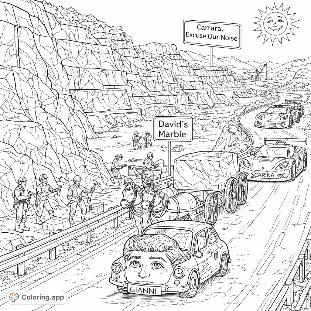 Explore a dynamic Carrara marble quarry scene featuring workers, horses, a unique car with a human face, and modern race cars on a winding mountain road.