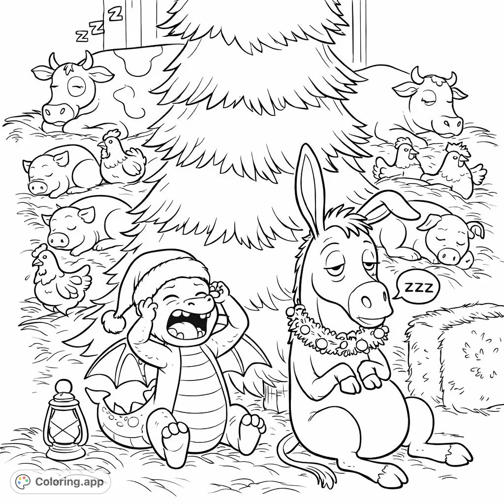 A charming Christmas barnyard scene featuring a crying dragon, sleepy donkey, and napping farm animals around a festive evergreen tree. Delightful holiday fun!