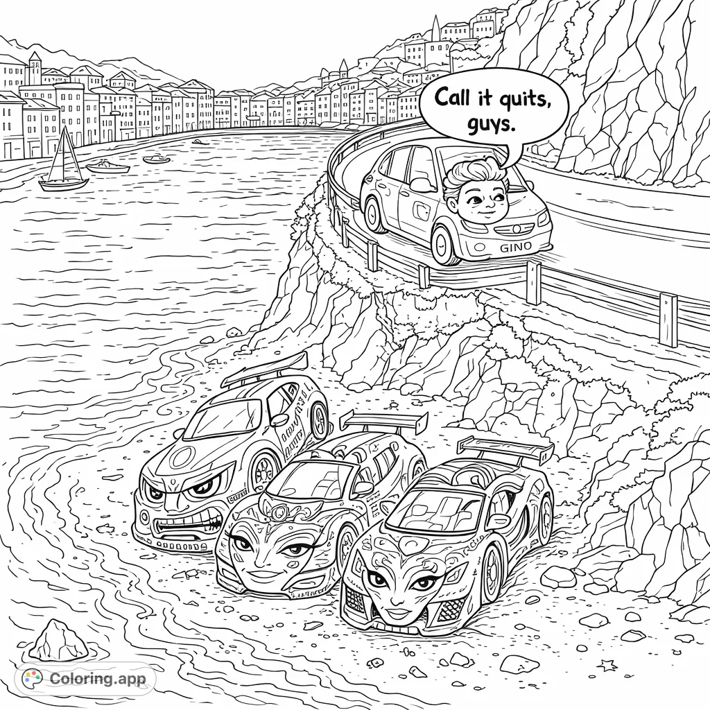 A comical coloring page featuring anthropomorphic race cars crashing onto a beach below a broken coastal road, overlooked by a talking classic car.