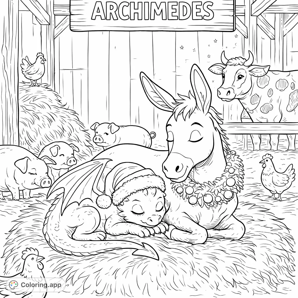 A heartwarming Christmas scene: a donkey and a baby dragon nap peacefully in a barn, surrounded by farm animals. Perfect for festive coloring!