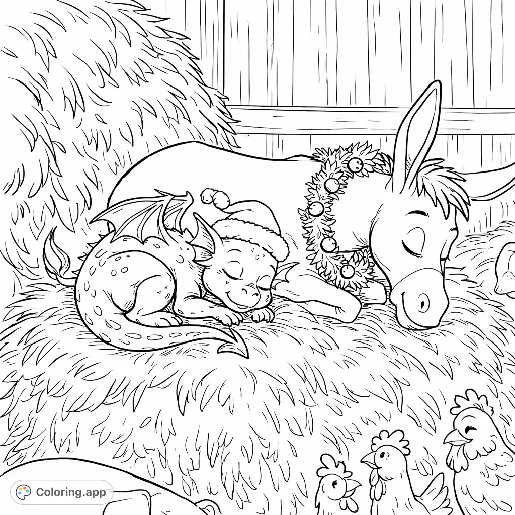 A heartwarming barnyard scene where a donkey and a festive baby dragon nap peacefully on hay, joined by other resting farm animals. Perfect for a cozy coloring moment.