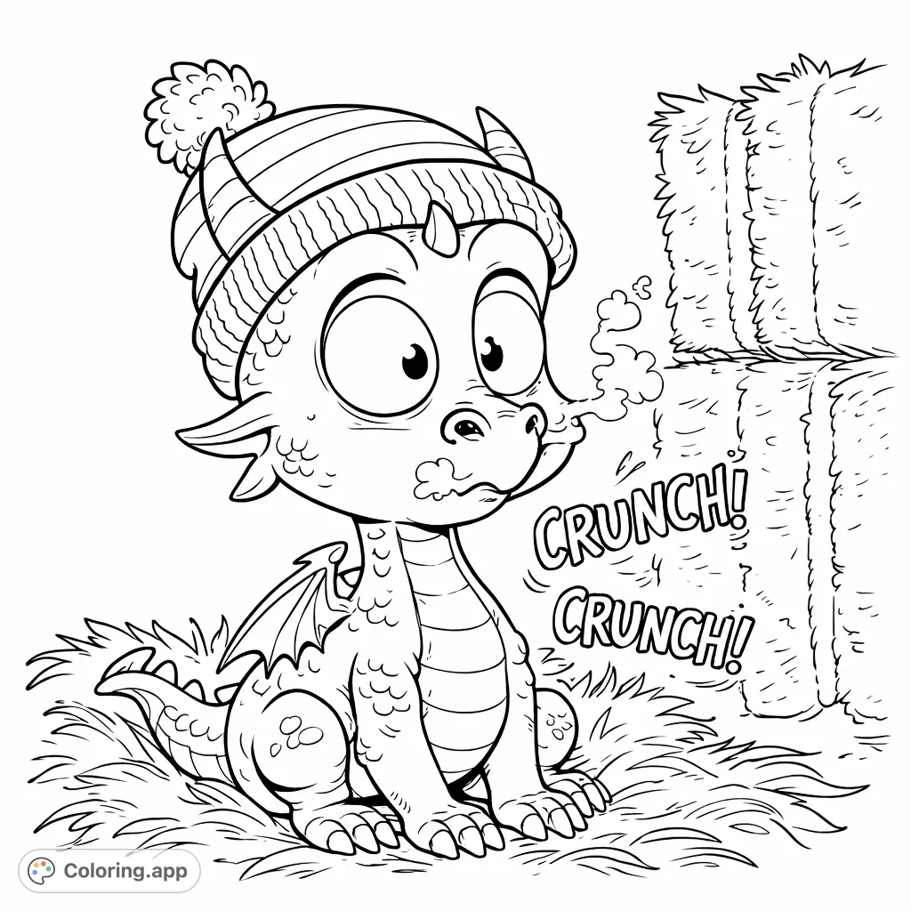 A charming cartoon dragon in a striped beanie sits on a hay bale, exhaling playful puffs of vapor. Perfect for a fun, whimsical coloring session!