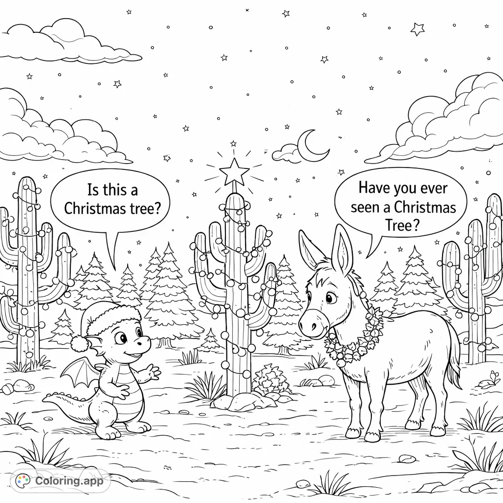 A cute dragon and a friendly donkey share a snowy desert Christmas Eve, wondering about a decorated saguaro cactus under a starry sky. A whimsical holiday scene.