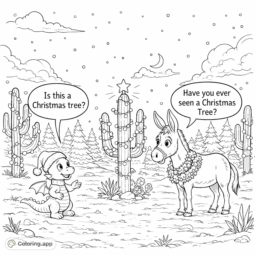A whimsical winter desert scene featuring a baby dragon, a friendly donkey, and a decorated cactus under a starry sky. Perfect for holiday cheer!