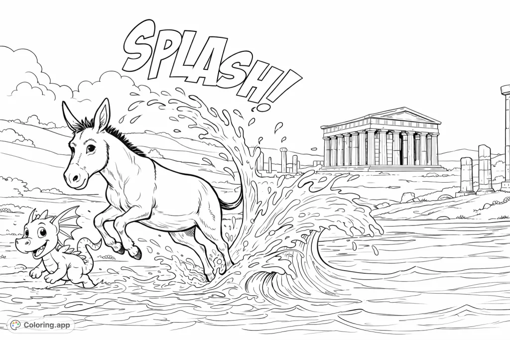 Join a cheerful donkey and a playful dragon splashing on a historic beach. This ancient Greece coloring page features a fun scene with an iconic temple background.