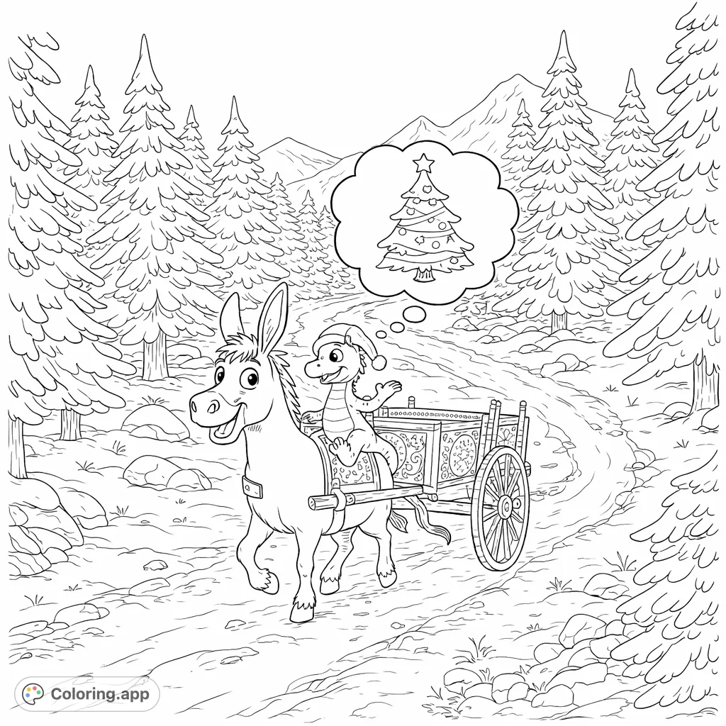 A festive winter journey with a happy donkey pulling a decorated wagon, carrying a small dragon who dreams of a Christmas tree. Perfect for holiday fun!