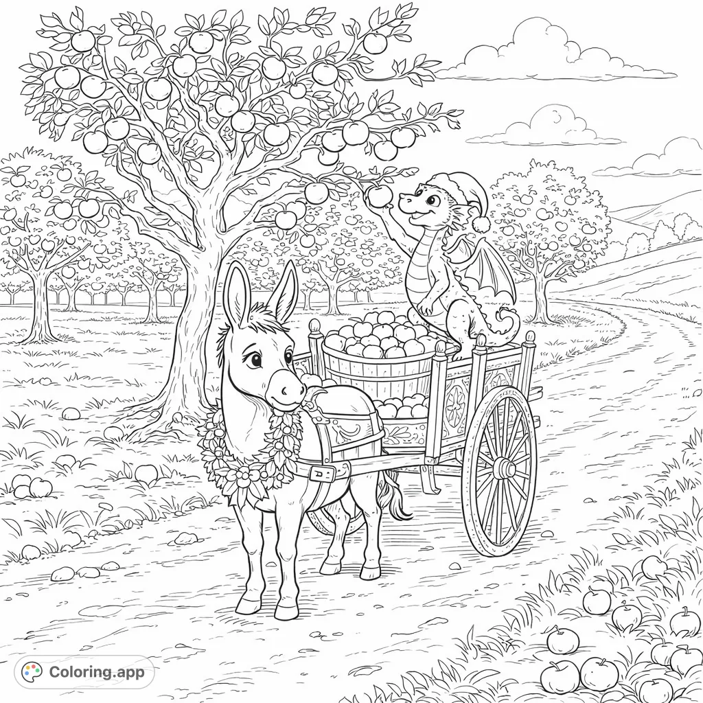 Join a charming donkey and a whimsical winged companion on a delightful fruit-picking journey through a festive orchard. A detailed scene for creative coloring fun.