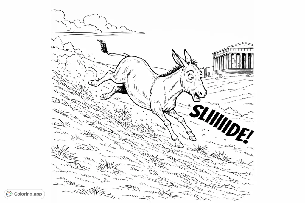 A comical donkey slides down a grassy hill, kicking up dust with a surprised expression, set against a distant ancient temple under a clear sky.