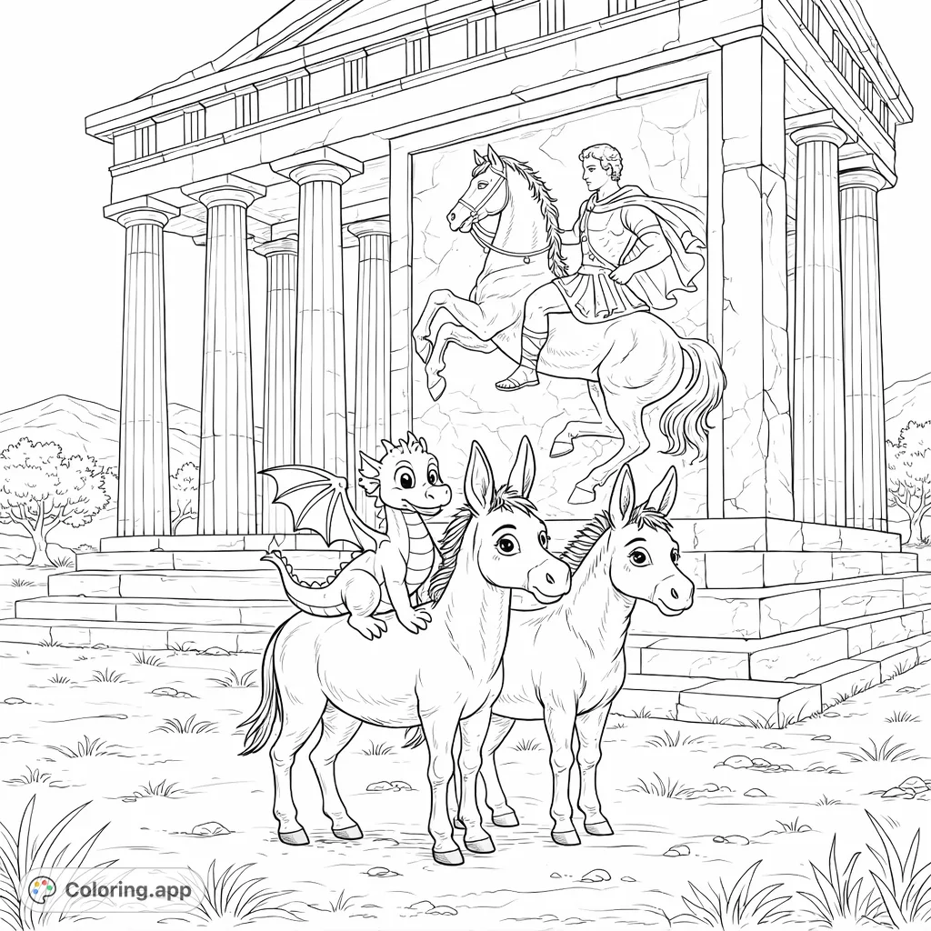 A whimsical dragon rides a donkey before a grand ancient temple, joined by another donkey in a scenic, arid landscape, ready for your artistic touch.