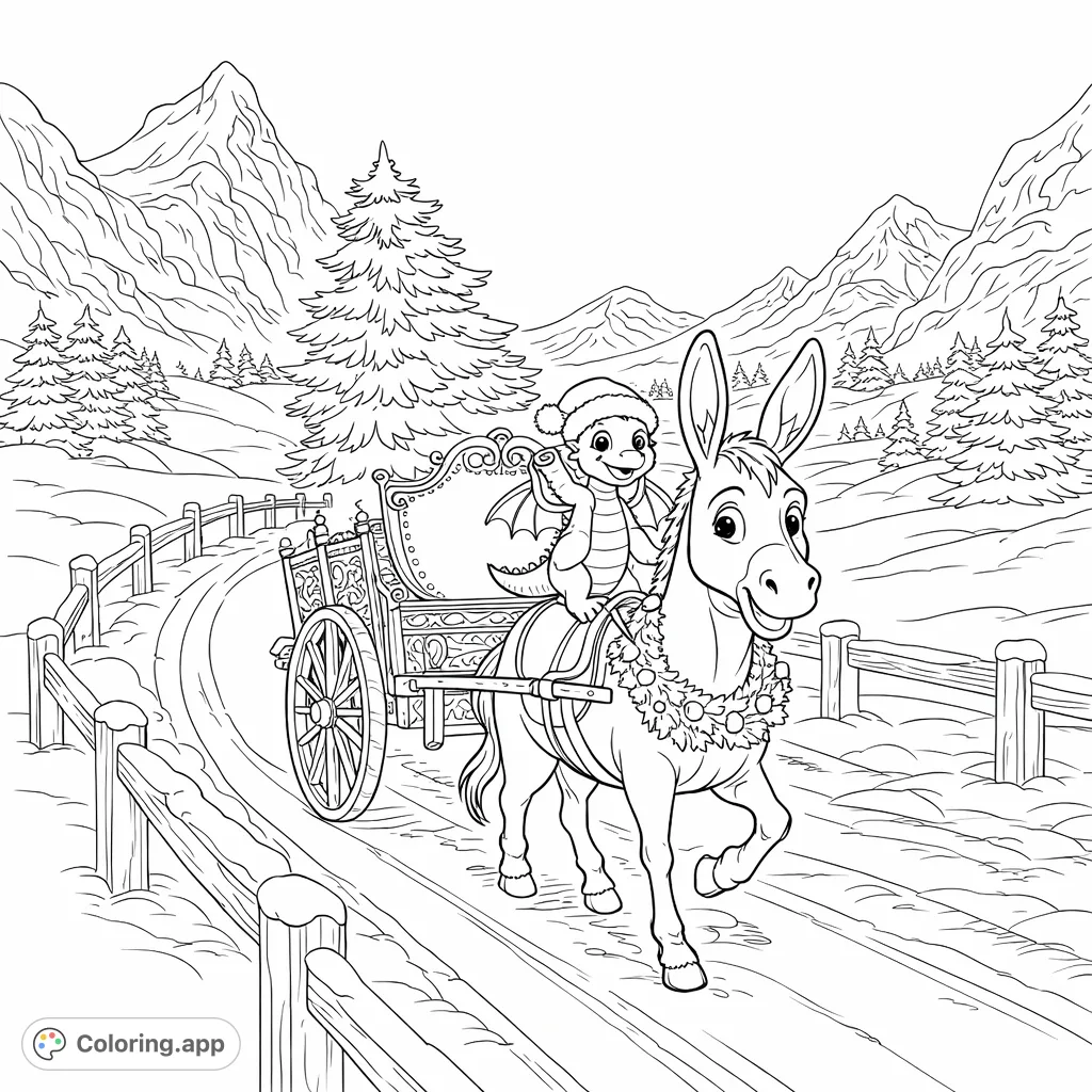 Join a cheerful donkey and its small dragon companion on a festive journey through a snowy mountain landscape, pulling a decorated cart with an evergreen tree. A delightful holiday scene.