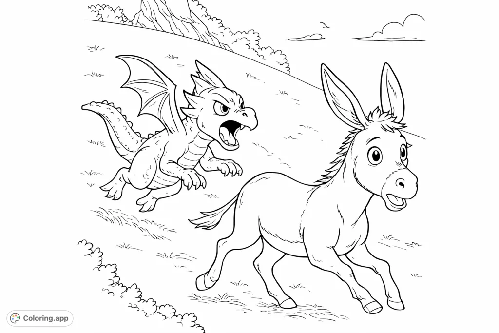 An exciting chase scene unfolds as a small dragon-like creature pursues a startled donkey up a grassy hill. A fun and dynamic adventure for all ages.