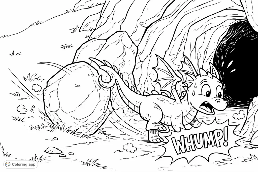 A cartoon dragon startled by a rolling boulder near a cave entrance. A fun and dynamic scene ready for your creative touch!