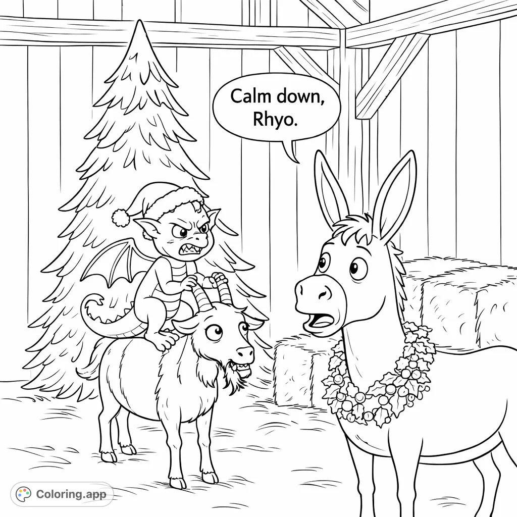 A festive barn scene unfolds as a little dragon, perched on a goat, faces a concerned donkey. Features a Christmas tree and holly wreath.