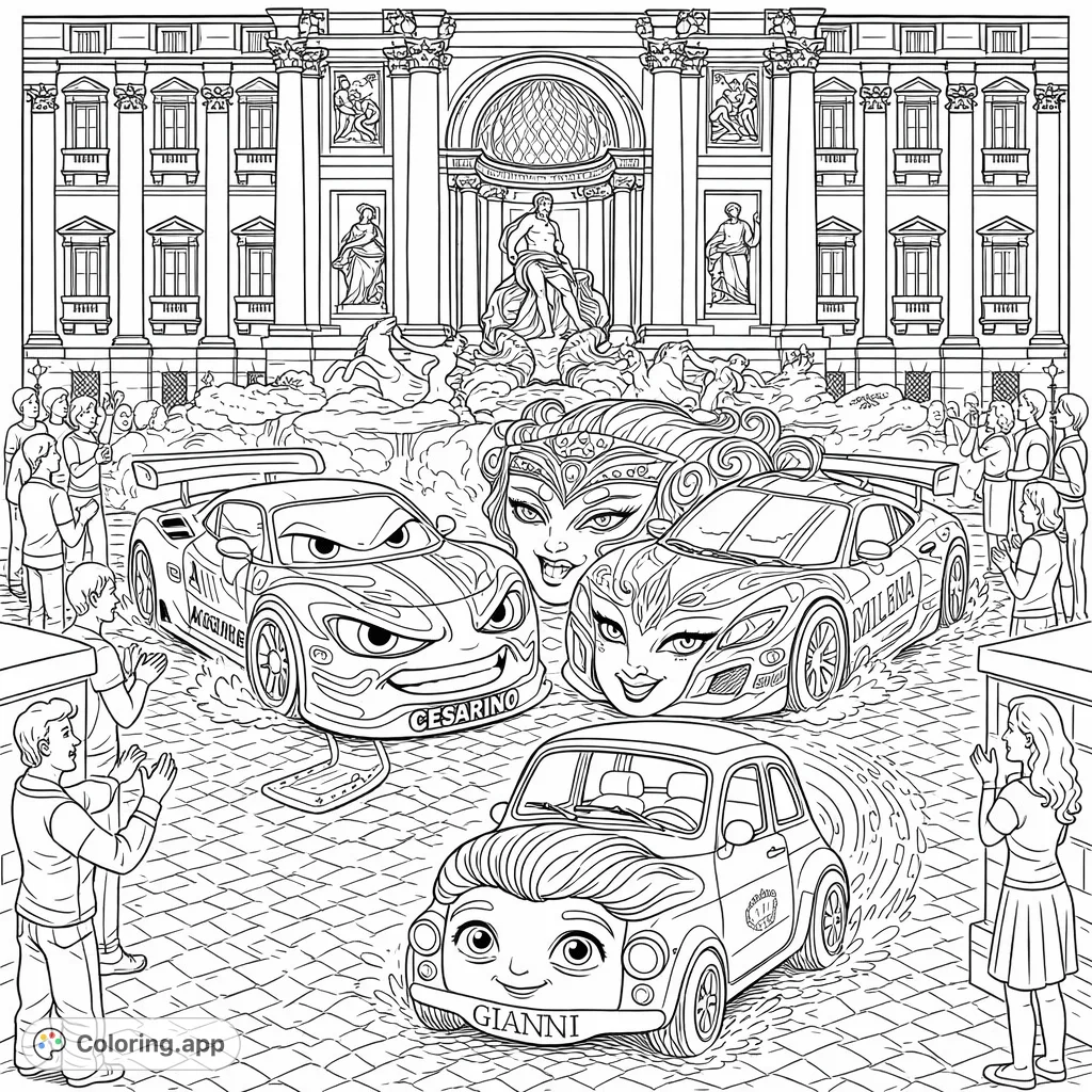 Experience an epic car showdown at a majestic fountain, featuring anthropomorphic vehicles with expressive faces and a lively crowd. A unique and exciting coloring adventure!