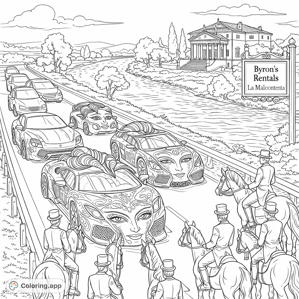 An eclectic scene featuring customized cars with facial designs on a winding road, observed by equestrians. A grand villa and river complete the unique landscape.