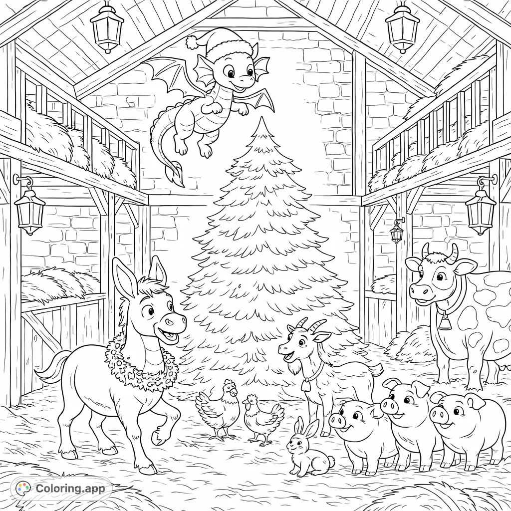 Celebrate the season with cheerful farm animals and a friendly dragon gathered around a festive Christmas tree in a cozy barn. A delightful scene for all ages.