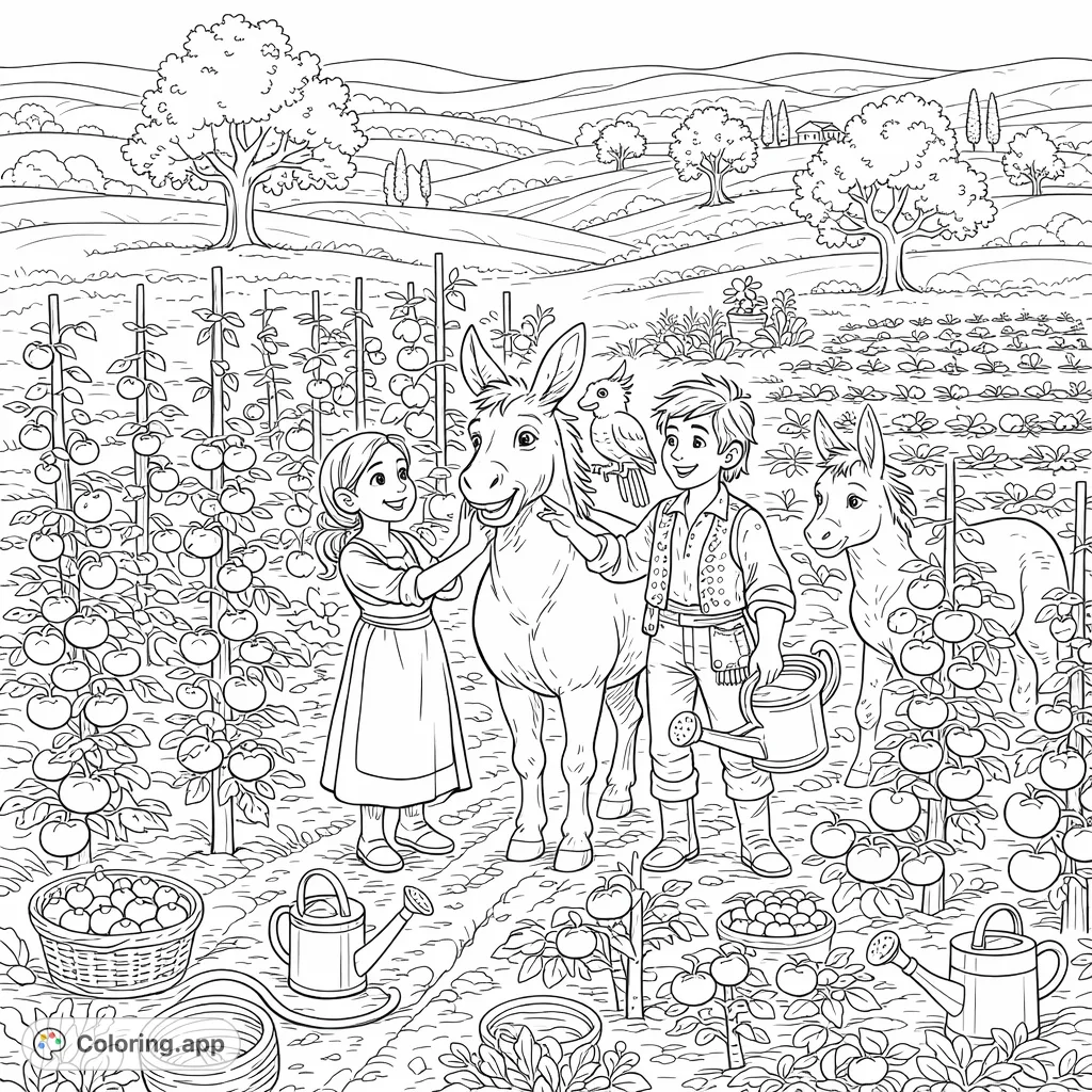 A delightful farm scene with children, friendly donkeys, and a playful dragon amidst abundant tomato plants. A charming harvest for all ages.