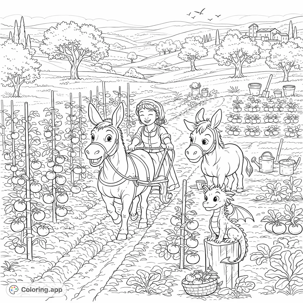 A charming farm scene featuring a happy girl tilling fields with her two friendly donkeys and a whimsical dragon observer amidst a lush garden.
