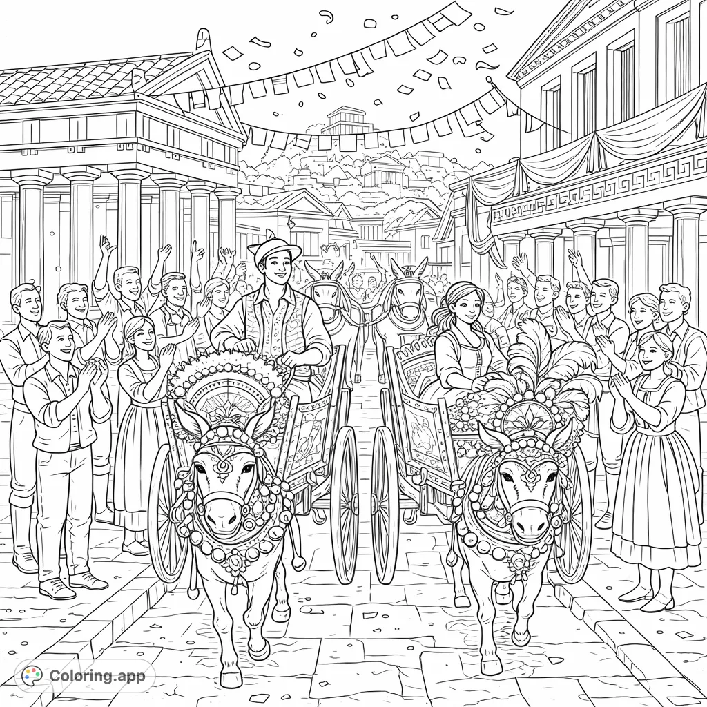 Join a lively parade scene featuring elaborately decorated donkey carts, cheerful crowds, and classical architecture under a sky filled with confetti and streamers.