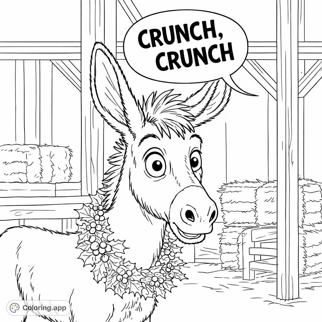 A surprised cartoon donkey wearing a festive wreath stands in a rustic barn, surrounded by hay bales. A fun holiday-themed farm animal coloring page.