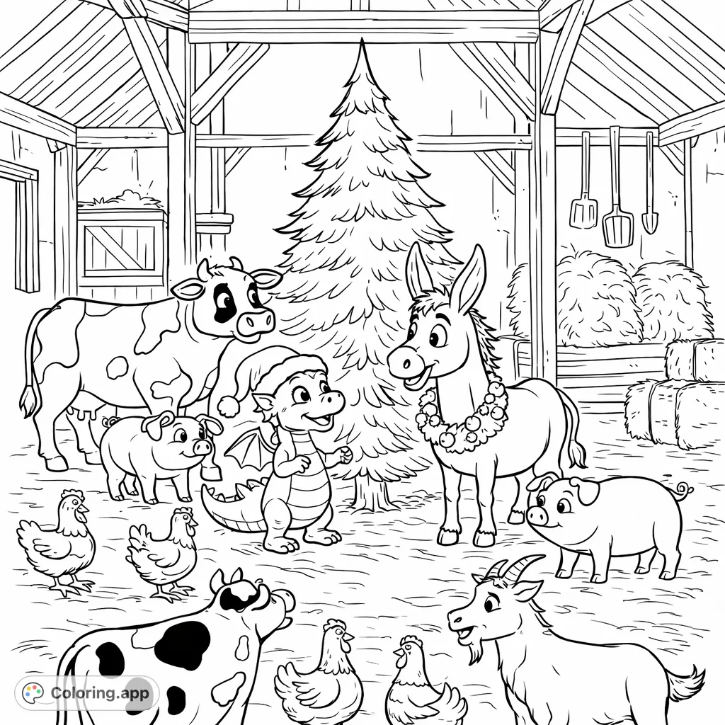 Join adorable farm animals and a friendly dragon in a festive barn, gathered around a grand tree. A charming scene for joyful coloring.