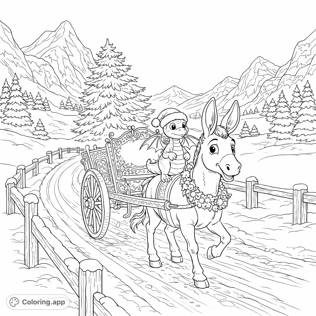 Embark on a joyful winter journey with a friendly donkey, a festive dragon, and a decorated cart through a snowy mountain landscape. Perfect for holiday cheer!