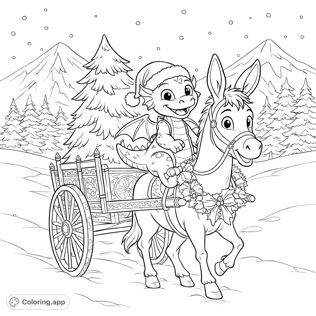 Join a cheerful dragon and friendly donkey pulling a festive cart with a tree through a snowy mountain landscape. A delightful winter wonderland scene.