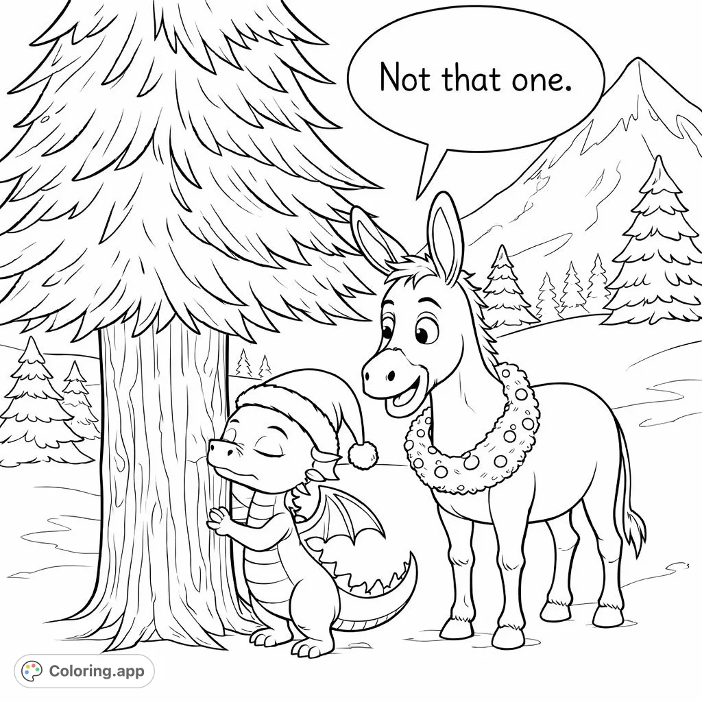A charming winter scene featuring a small winged creature in a Santa hat hugging a tree, with a friendly donkey wearing a festive wreath. Perfect for holiday fun!
