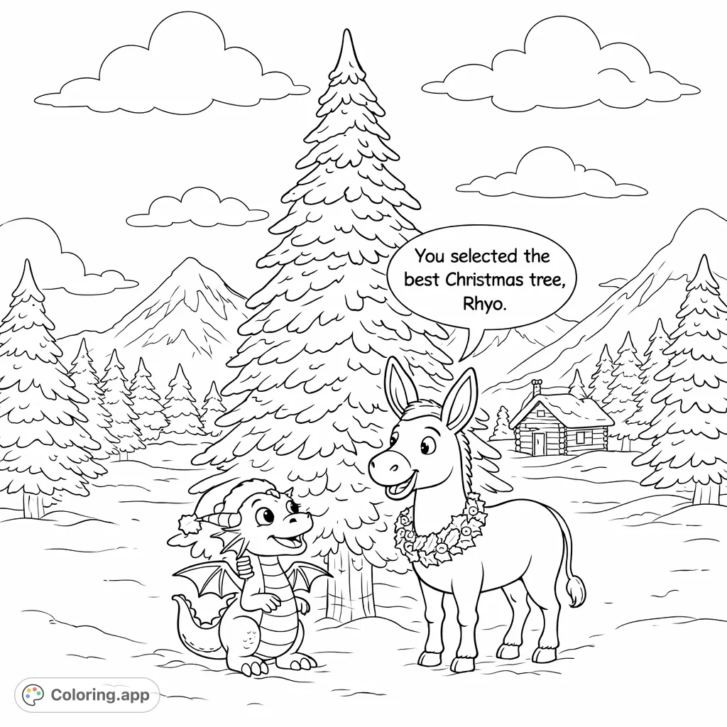 A charming winter scene featuring a cheerful dragon in a festive cap and a friendly donkey with a wreath, admiring a snowy evergreen tree in a peaceful forest.