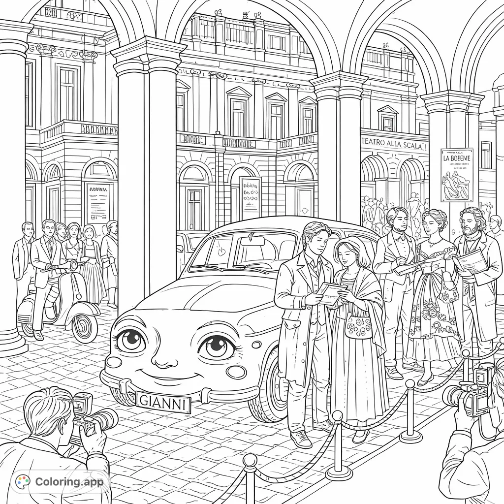A whimsical scene featuring a vintage car with a human face at a grand theater arrival, surrounded by a lively crowd, photographers, and an elegant city backdrop.