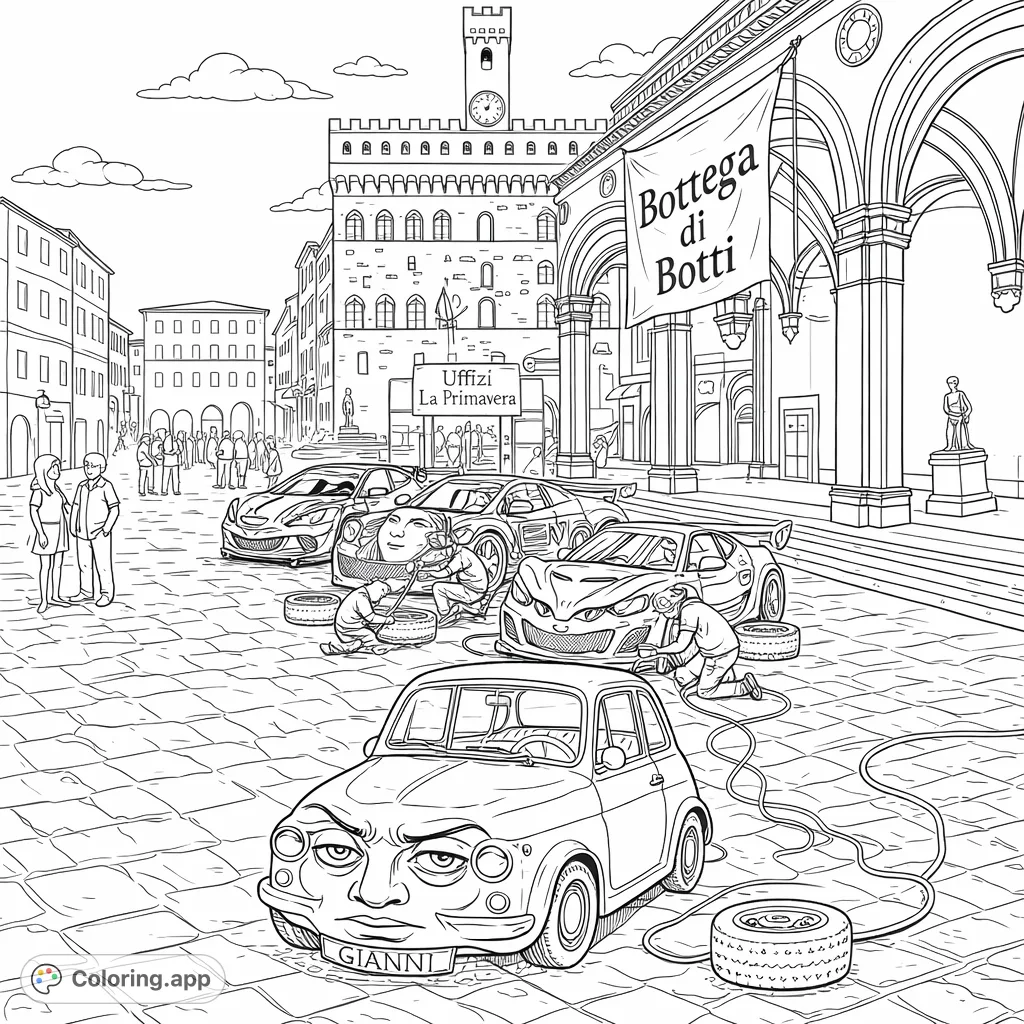 Explore a unique European piazza where classic and sports cars come alive with human faces, alongside mechanics and historic architecture. A fun anthropomorphic cars coloring page.