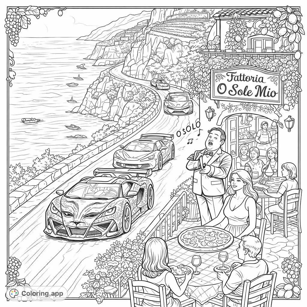 Experience a vibrant Italian coastal scene with unique sports cars racing past a charming trattoria where diners enjoy pizza and an opera singer performs. Fun and detailed!