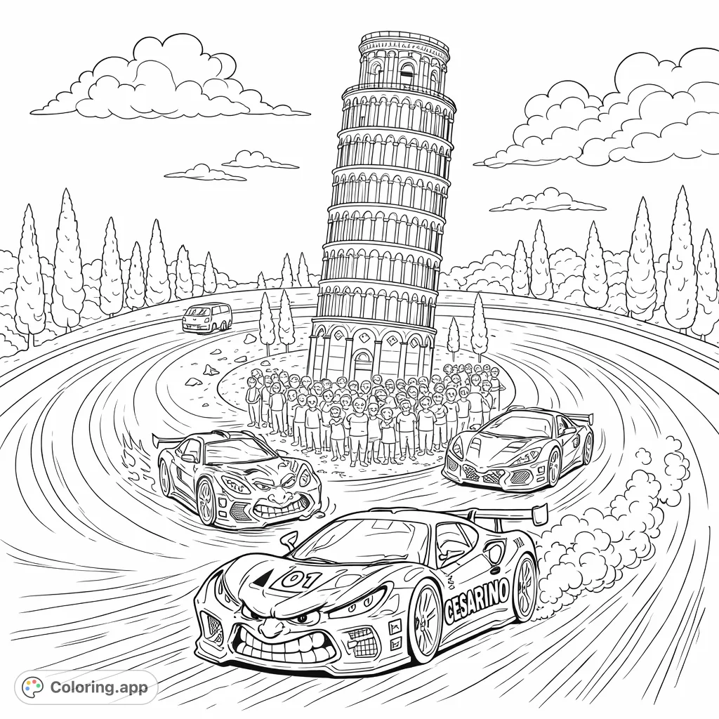 Experience a high-speed race around the Leaning Tower of Pisa! Dynamic sports cars with expressive faces drift past a cheering crowd in a thrilling scene.