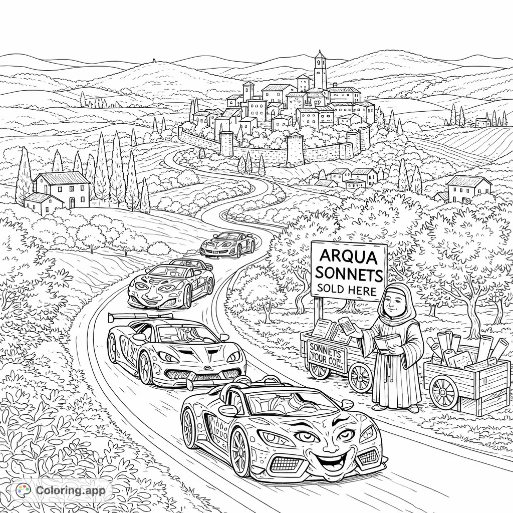 Speeding sports cars with character faces race through a picturesque Tuscan landscape past a poet selling sonnets by a walled hilltop village. A unique coloring page adventure.