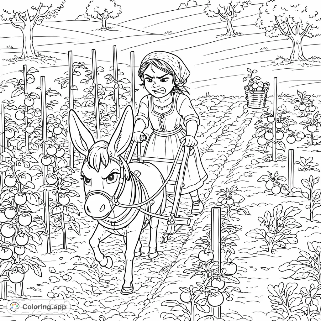 A determined young farmer and their hardworking donkey plow a garden plot among rows of thriving plants and rolling hills, depicting rural life.