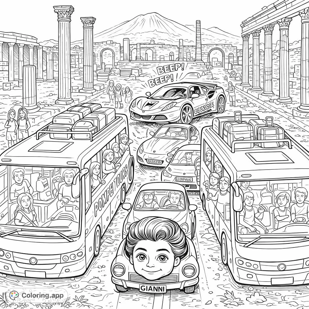 Experience a whimsical traffic jam among ancient Pompeii ruins! Animated cars and tour buses create a lively scene, perfect for a fun history-themed coloring adventure.