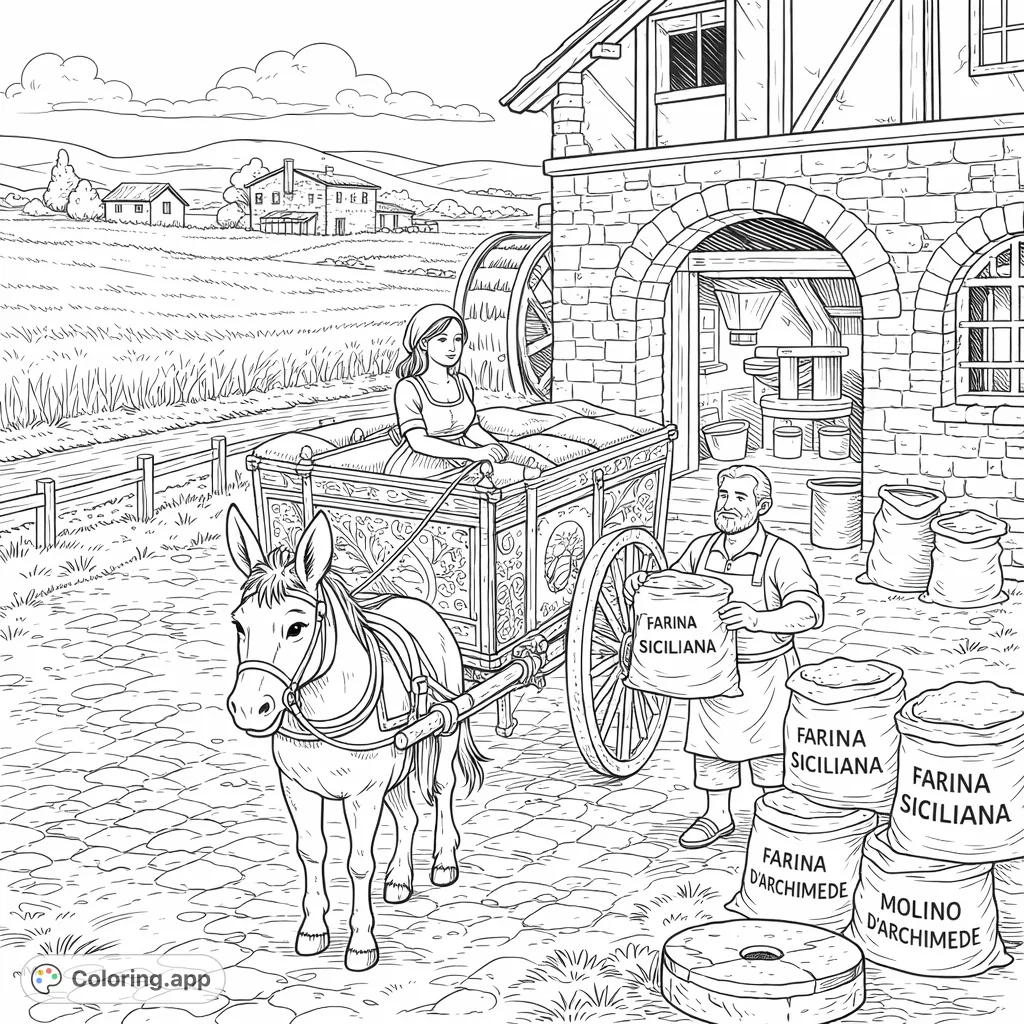 Explore a charming watermill scene with a woman, a donkey, and a miller surrounded by grain sacks and rolling fields in this detailed coloring page.